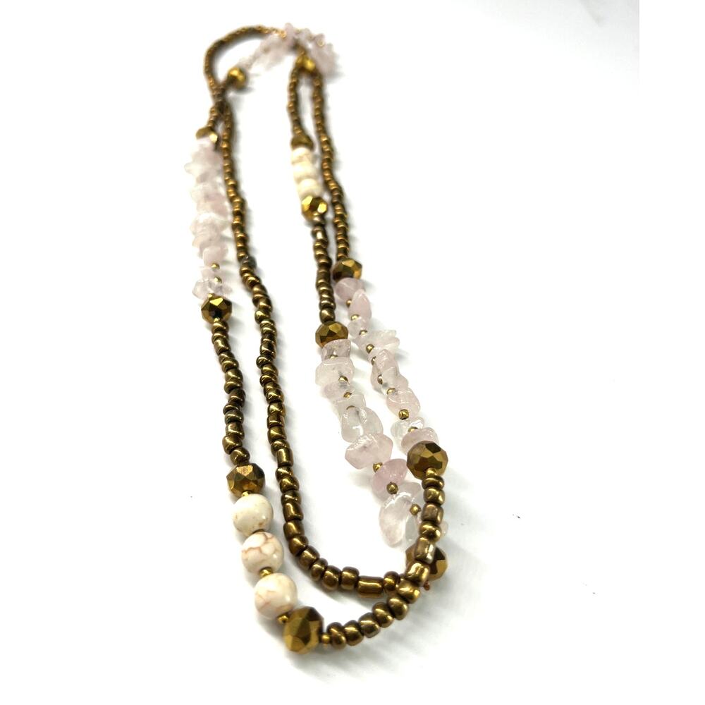 Boho chic beaded layering necklace glass stone pink gold 18" long Asrtisan